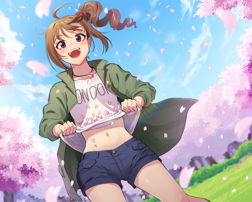 1girl :d ahoge bangs blue_shorts blue_sky blurry blurry_background brown_hair cherry_blossoms clothes_writing clouds cloudy_sky commentary day denim denim_shorts depth_of_field drill_hair dutch_angle eyebrows_visible_through_hair grass green_jacket hair_ornament hair_scrunchie idolmaster idolmaster_million_live! jacket jewelry kamille_(vcx68) lifebuoy_ornament long_sleeves looking_at_viewer navel necklace open_clothes open_jacket open_mouth outdoors red_scrunchie scrunchie shirt shirt_basket short_hair short_shorts shorts side_drill side_ponytail sky smile solo standing star_(symbol) star_necklace tree violet_eyes white_shirt wind yokoyama_nao