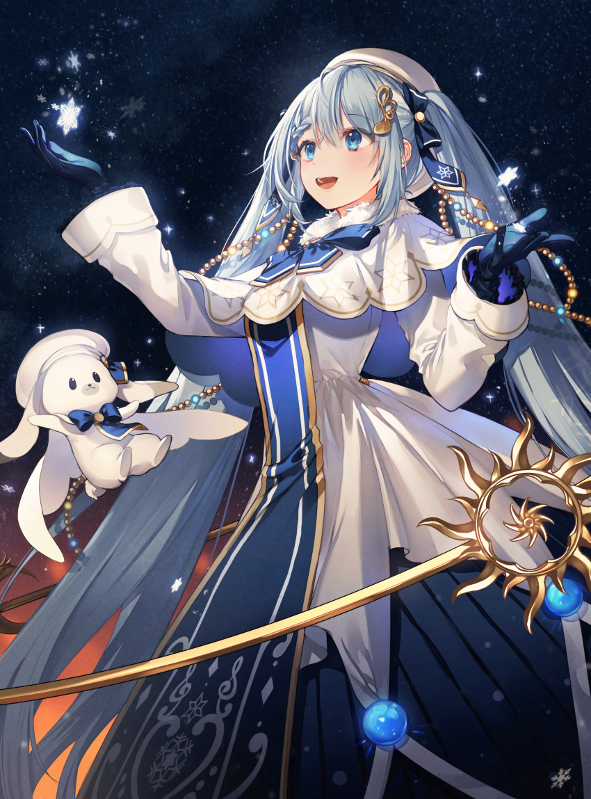 1girl 1other absurdres bass_clef beret blue_bow blue_eyes blue_gloves blue_neckwear blue_tabard bow braid capelet christmas_lights dress floating fur-trimmed_capelet fur_trim gloves glowing gold_trim hair_bow hair_ornament hands_up hat hatsune_miku highres kh_(kh_1128) light_blue_hair long_hair musical_note_hair_ornament night night_sky open_mouth rabbit rabbit_yukine sky smile snowflake_print snowflakes staff star_(sky) starry_sky tabard treble_clef twintails very_long_hair vocaloid white_capelet white_dress white_headwear yuki_miku yuki_miku_(2021)