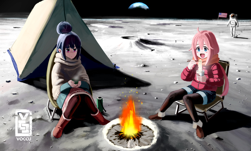 1other 2girls :d american_flag artist_logo artist_name astronaut bangs black_legwear blue_coat blue_eyes blue_hair blue_shorts boots brown_footwear brown_skirt camping chair chopsticks closed_mouth coat commentary crater cup earth earthrise_(real) eating english_commentary fire folding_chair fringe_trim grey_shawl hair_bun highres holding holding_chopsticks holding_cup horizon kagamihara_nadeshiko legwear_under_shorts light_frown long_hair medium_skirt moon multiple_girls open_mouth pantyhose pink_coat pink_hair pink_scarf ramen scarf shadow shawl shima_rin shoes short_hair shorts sidelocks sitting skirt smile space steam tent thermos violet_eyes voccu yurucamp
