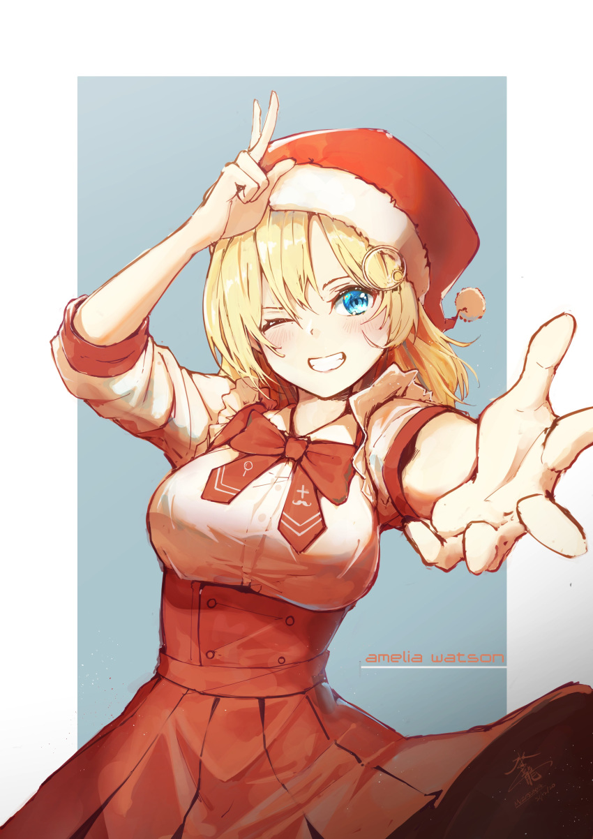 1girl absurdres arm_up blonde_hair blue_eyes bow breasts clenched_teeth commentary english_commentary foreshortening hat highres hololive large_breasts long_hair looking_at_viewer monocle one_eye_closed outstretched_arm pom_pom_(clothes) red_bow red_skirt santa_hat shirt skirt solo standing suiiryu teeth upper_body v watson_amelia white_shirt