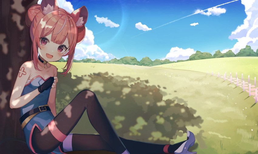 1girl :d absurdres animal_ear_fluff animal_ears bangs belt black_gloves black_legwear blue_dress blush choker clouds cloudy_sky dappled_sunlight day dress eyebrows_visible_through_hair fang fingerless_gloves flat_chest foot_out_of_frame gloves gradient_sky halo high_heels highres kirihime_ria knee_up looking_at_viewer multicolored_hair nam open_mouth outdoors pantyhose pink_eyes pink_hair shade short_hair sidelocks sitting sky smile solo streaked_hair sunlight tree tsunderia white_footwear
