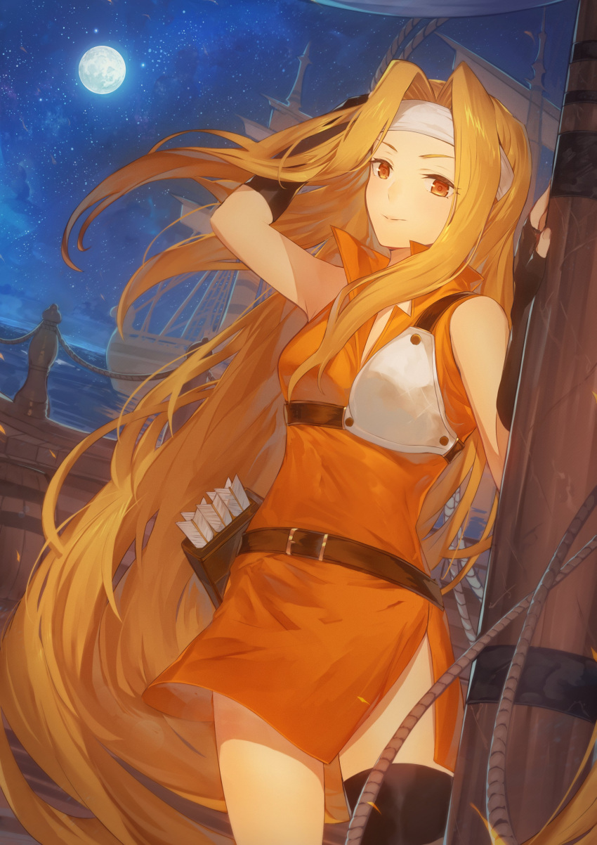 1girl absurdres armor arrow_(projectile) belt blonde_hair breastplate brigid_(fire_emblem) closed_mouth commission dress fingerless_gloves fire_emblem fire_emblem:_genealogy_of_the_holy_war gloves hand_up headband highres long_hair looking_at_viewer moon muneate night night_sky orange_eyes rope ship single_thighhigh sky star_(sky) starry_sky takeno_(hashi_falcon) thigh-highs very_long_hair watercraft