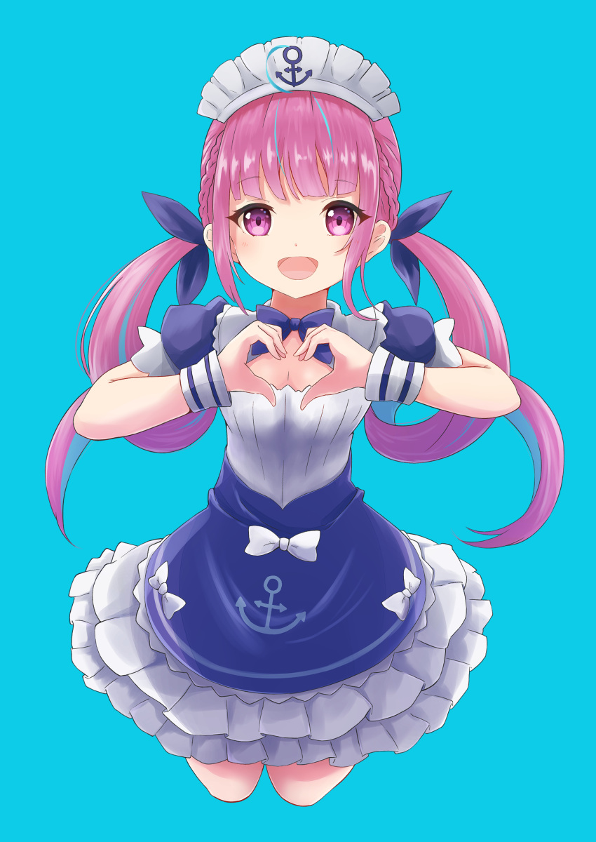 1girl :d absurdres ahoge anchor anchor_symbol bangs blue_background blue_bow blue_dress blue_hair blue_ribbon bow braid dress eyebrows_visible_through_hair frilled_dress frills full_body hair_ribbon heart heart_hands highres hilamaru hololive long_hair minato_aqua multicolored_hair open_mouth pink_hair puffy_short_sleeves puffy_sleeves ribbon short_sleeves simple_background smile solo streaked_hair twintails two-tone_hair very_long_hair violet_eyes virtual_youtuber white_bow wrist_cuffs