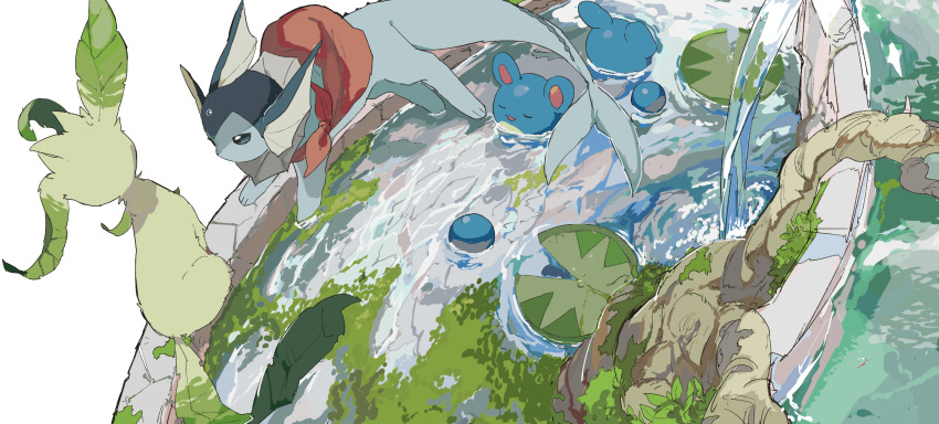 :3 apios1 bag blue_sclera closed_eyes commentary_request fountain from_above from_behind full_body gen_1_pokemon gen_2_pokemon gen_3_pokemon gen_4_pokemon happy highres leafeon lily_pad looking_at_another lotad marill moss no_humans open_mouth partially_submerged pokemon pokemon_(creature) shoulder_bag smile swimming vaporeon water white_eyes