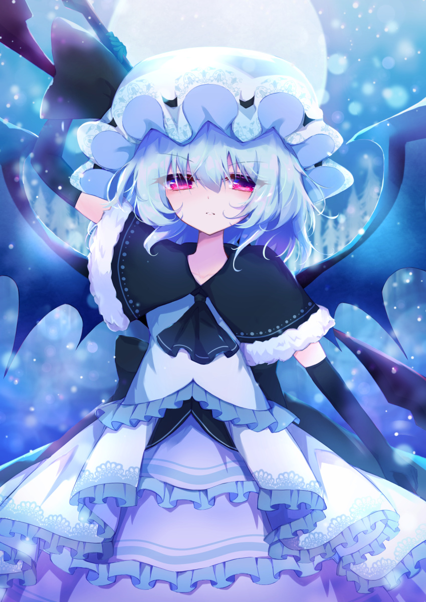 1girl alternate_color arm_up bat_wings black_capelet black_gloves blue_background blue_dress blue_hair blue_headwear capelet commentary cowboy_shot dress elbow_gloves eyebrows_visible_through_hair eyes_visible_through_hair frilled_dress frills full_moon fur-trimmed_capelet fur_trim gloves hair_between_eyes hat hat_ribbon highres holding holding_spear holding_weapon layered_dress looking_at_viewer mob_cap moon parted_lips polearm red_eyes remilia_scarlet ribbon short_hair snowing solo spear spear_the_gungnir standing tomoe_(fdhs5855) touhou weapon wings
