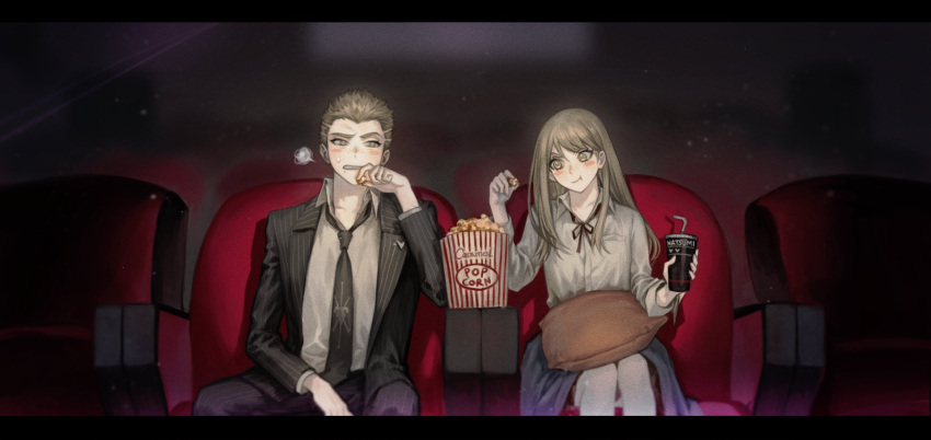 bangs black_ribbon blonde_hair blush_stickers commentary_request food heart heart_print highres holding kuzuryuu_fuyuhiko kuzuryuu_natsumi long_hair movie_theater neck_ribbon pekupe_(p_krr) pillow popcorn ribbon shirt sitting striped_jacket