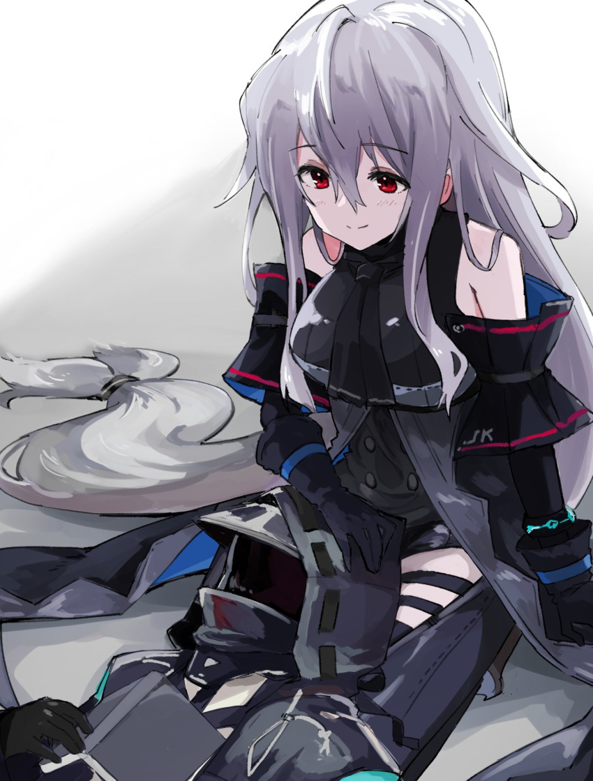 1girl 1other ambiguous_gender arknights arm_support black_gloves black_jacket black_neckwear black_pants black_shirt black_sleeves book clothing_cutout detached_sleeves doctor_(arknights) exion_(neon) gloves grey_hair hand_on_another's_head highres jacket long_hair low_ponytail low_tied_hair mask on_lap pants red_eyes shirt sitting skadi_(arknights) smile thigh_cutout thigh_strap tied_hair very_long_hair