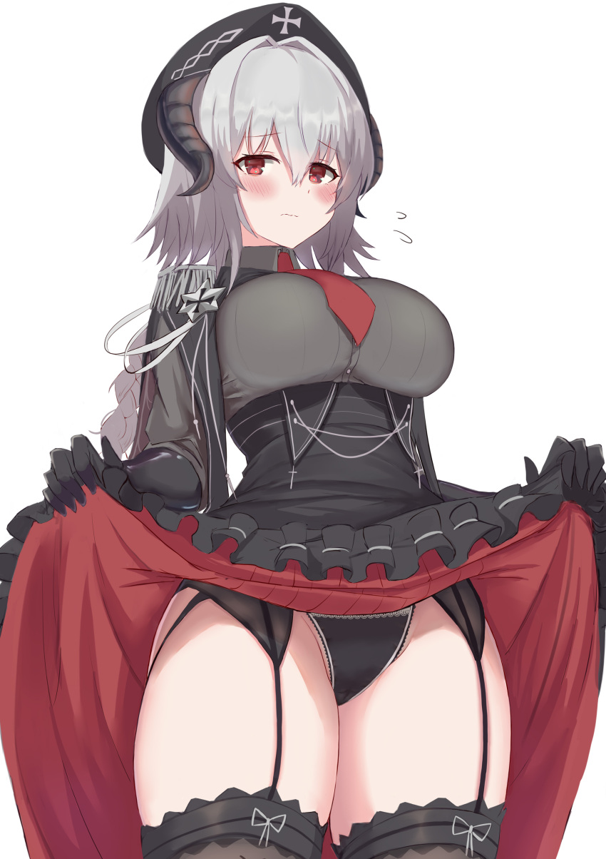 1girl absurdres azur_lane bangs black_gloves black_headwear black_legwear black_panties black_skirt blush braid breasts closed_mouth collared_shirt elbow_gloves epaulettes eyebrows_visible_through_hair flying_sweatdrops frilled_skirt frills frown garter_belt gloves grey_shirt high-waist_skirt highres horns iron_cross large_breasts lifted_by_self long_hair looking_at_viewer necktie nurnberg_(azur_lane) panties red_eyes red_neckwear satou_aji shirt silver_hair simple_background single_braid skirt skirt_lift solo thigh-highs thighs underbust underwear white_background