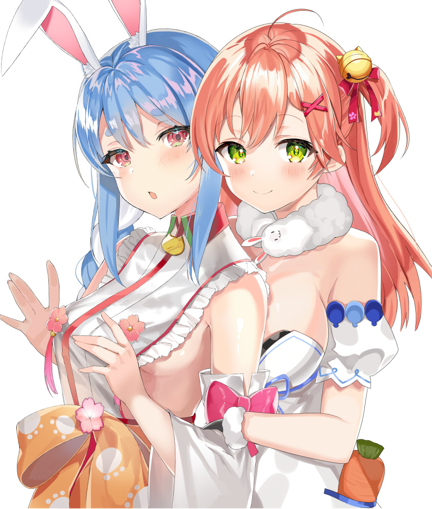 2girls :o absurdres ahoge animal_ear_fluff animal_ears bangs bare_shoulders bell blue_hair blush bow braid breasts bunny_girl carrot cosplay costume_switch detached_sleeves eyebrows_visible_through_hair flower fur_collar gloves hair_bell hair_ornament hair_ribbon hairclip highres hololive jingle_bell long_hair long_sleeves looking_at_viewer medium_breasts motsunuki multicolored_hair multiple_girls one_side_up open_mouth orange_bow orange_hair pink_bow pink_flower rabbit_ears red_eyes red_ribbon ribbon sakura_miko sakura_miko_(cosplay) short_sleeves side_braid sideboob simple_background small_breasts strapless tassel thick_eyebrows two-tone_hair upper_body usada_pekora usada_pekora_(cosplay) virtual_youtuber white_background white_hair wide_sleeves x_hair_ornament