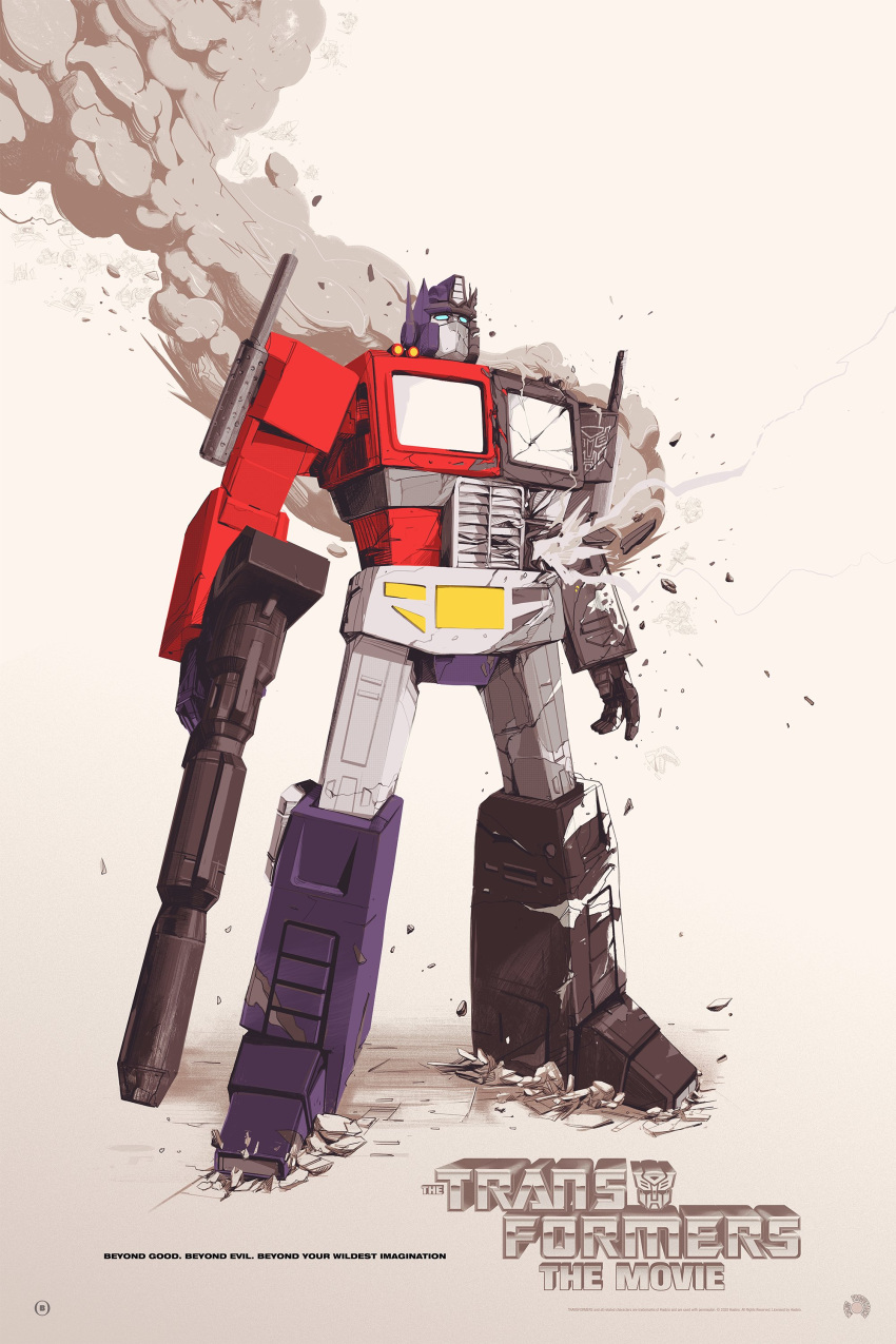 1boy absurdres autobot beige_background blue_eyes copyright_name damaged english_text gun highres holding holding_gun holding_weapon mecha no_humans oliver_barrett open_hand optimus_prime poster_(medium) smoke solo standing transformers weapon
