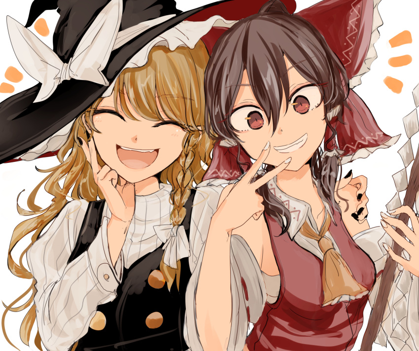 2girls ^_^ ascot bangs black_headwear black_nails black_vest blonde_hair bow bra braid brown_eyes brown_hair buttons closed_eyes collared_shirt detached_sleeves eyebrows_visible_through_hair frilled_bow frilled_hair_tubes frilled_hat frills gohei hair_between_eyes hair_bow hair_tubes hakurei_reimu hand_on_own_face hand_on_shoulder hat hat_bow highres holding kirisame_marisa long_hair long_sleeves looking_at_viewer medium_hair multiple_girls ne_kuro nontraditional_miko open_mouth red_bow red_ribbon red_shirt ribbon ribbon-trimmed_sleeves ribbon_trim shirt side_braid simple_background single_braid smile teeth touhou underwear upper_body v vest white_background white_bow white_bra white_nails white_shirt wide_sleeves witch_hat yellow_neckwear