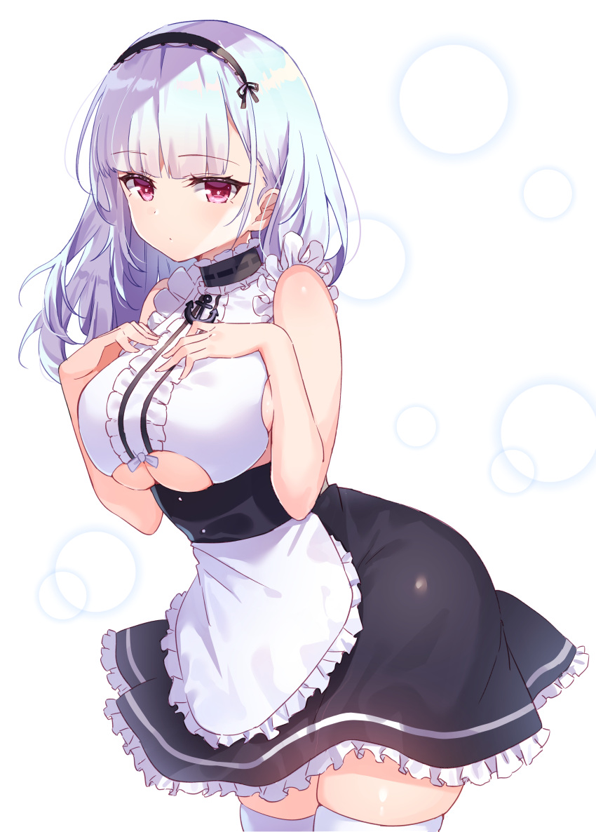 1girl absurdres apron azur_lane bare_arms bare_shoulders black_skirt breasts closed_mouth clothing_cutout cowboy_shot dido_(azur_lane) frilled_shirt frilled_skirt frills hairband hands_on_own_chest high-waist_skirt highres large_breasts long_hair looking_at_viewer maid maid_apron miniskirt red_eyes shiono_(0303) shirt sideboob sidelocks skindentation skirt sleeveless sleeveless_shirt solo thigh-highs under_boob underboob_cutout waist_apron white_background white_hair white_legwear white_shirt zettai_ryouiki