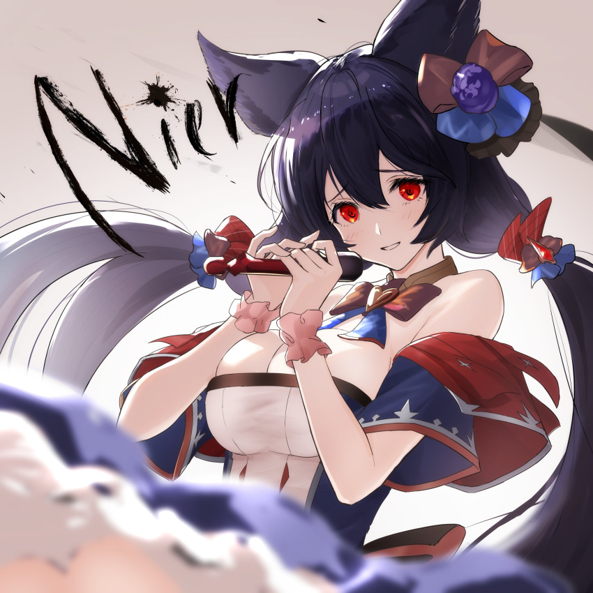 1girl absurdres adapted_costume aiu_eo animal_ears bangs bare_shoulders black_hair breasts erune flower granblue_fantasy hair_between_eyes highres holding holding_microphone idol idol_clothes long_hair looking_at_viewer low_twintails microphone nier_(granblue_fantasy) purple_flower purple_rose red_eyes rose scrunchie smile solo twintails wrist_scrunchie
