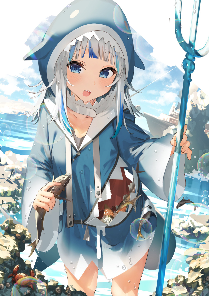 1girl :d absurdres animal animal_hood bangs blue_eyes blue_hoodie blunt_bangs blush breasts clouds cloudy_sky collarbone crab day eyebrows_visible_through_hair feet_out_of_frame fish fish_bone gawr_gura gradient_clothes highres holding holding_animal holding_fish holding_polearm holding_weapon hololive hololive_english hood hoodie lens_flare long_hair long_sleeves looking_at_viewer multicolored_hair open_mouth polearm rock shark_hood silver_hair sky small_breasts smile solo standing streaked_hair trident virtual_youtuber water weapon wet wide_sleeves xkirara39x