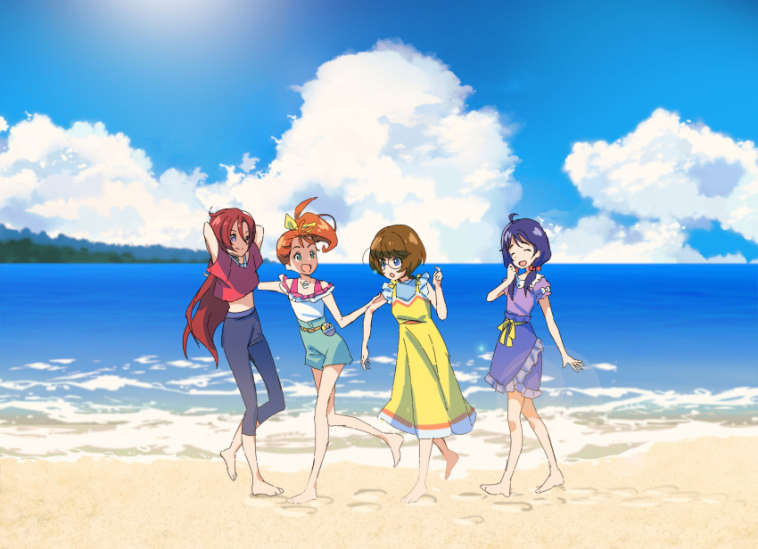 4girls :o ^_^ ^o^ absurdres ahoge aqua_shorts arm_grab arms_behind_back barefoot beach black_choker blouse blue_eyes blue_hair blue_skirt bob_cut bow brown_hair choker closed_eyes clouds cloudy_sky crop_top day dress eyebrows_visible_through_hair footprints glasses green_eyes hair_bow happy highres ichinose_minori jewelry laughing long_hair looking_at_another low_twintails midriff multiple_girls natsuumi_manatsu ocean off_shoulder orange_hair outdoors pants pouch precure purple_blouse red_bow redhead ring round_eyewear sand scenery shell_necklace short_hair shorts side_ponytail sketch skirt sky smile stomach suzumura_sango takizawa_asuka tomatomagica tropical-rouge!_precure twintails violet_eyes walking_backwards white_blouse yellow_bow yellow_dress