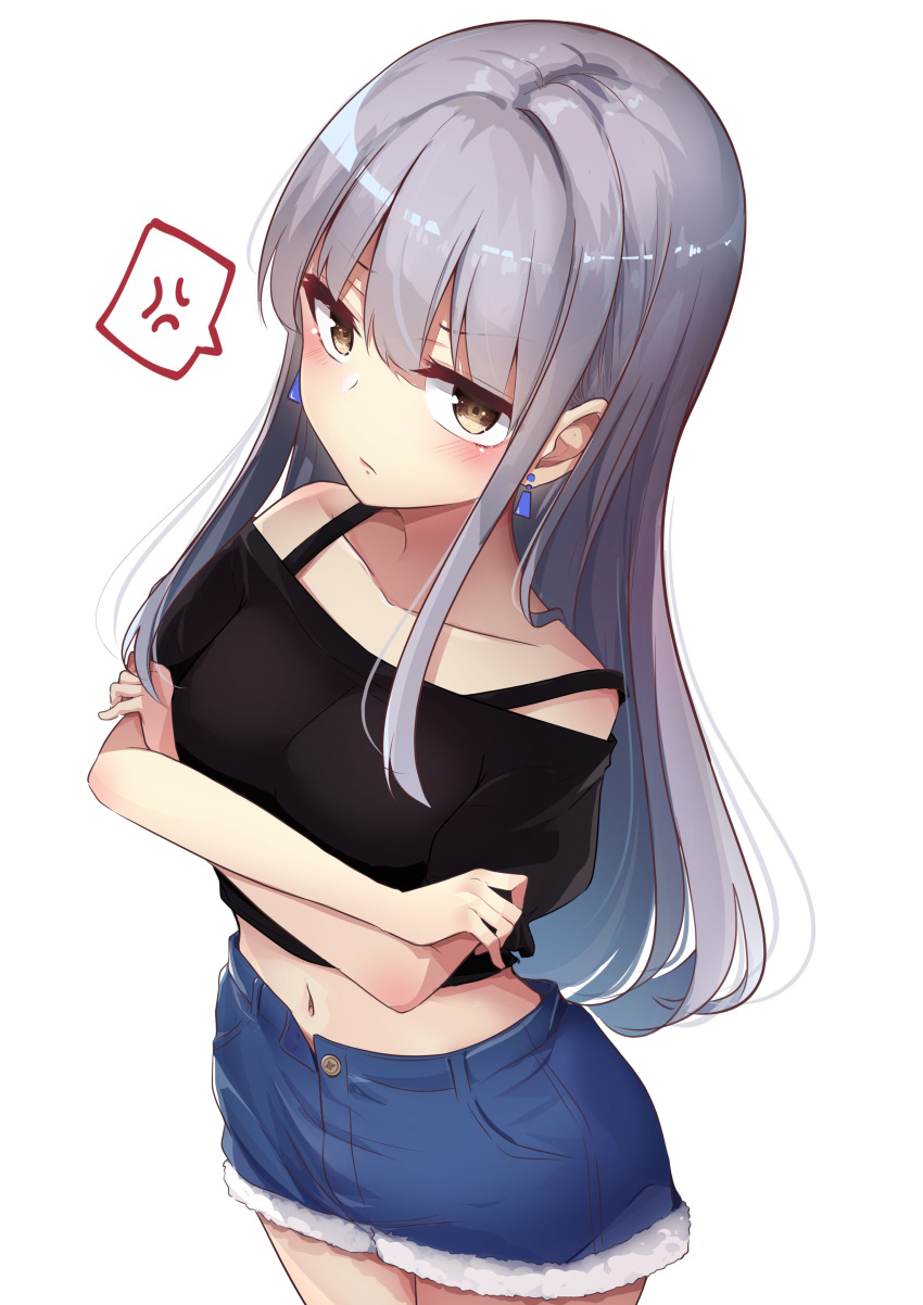 1girl absurdres anger_vein bang_dream! black_shirt blue_shorts bra_strap breasts brown_eyes closed_mouth collarbone cowboy_shot crop_top crossed_arms denim denim_shorts earrings from_above frown fur_trim grey_hair highres jewelry long_hair looking_at_viewer looking_up medium_breasts midriff minato_yu minato_yukina navel off-shoulder_shirt off_shoulder open_fly shirt short_shorts short_sleeves shorts sidelocks simple_background solo speech_bubble spoken_anger_vein white_background