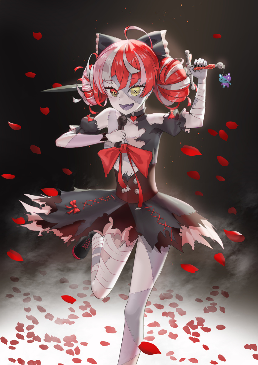 1girl absurdres ahoge bandages bangs black_nails bow chinese_commentary choker colored_skin corset double_bun falling_petals fangs frilled_bow frills grey_hair grey_skin hair_bow heart heart_choker heterochromia highres holding holding_microphone holding_sword holding_weapon hololive hololive_indonesia jagoo kureiji_ollie looking_at_viewer microphone multicolored_hair nail_polish open_mouth petals redhead rose_petals scar smile solo standing standing_on_one_leg streaked_hair sword symbol-shaped_pupils virtual_youtuber weapon zombie