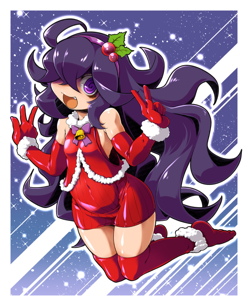 1girl ahoge bangs bell border breasts commentary_request covered_navel double_w elbow_gloves full_body gloves hair_over_one_eye hairband hex_maniac_(pokemon) highres long_hair looking_at_viewer mistletoe open_mouth outline pokemon pokemon_(game) pokemon_xy purple_hair purple_hairband purple_ribbon red_gloves red_legwear ribbon shiny shiny_skin solo sparkle spiral_eyes takura_mahiro thigh-highs tongue violet_eyes w white_border