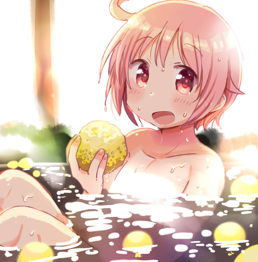 1girl :d ahoge bangs blurry blurry_background blush collarbone commentary_request convenient_censoring dripping eyebrows_visible_through_hair fingernails flat_chest food fruit highres holding holding_food holding_fruit light_censor looking_at_viewer nonohara_yuzuko nude object_namesake onsen open_mouth outdoors partially_submerged petals petals_on_liquid pink_eyes pink_hair short_hair smile solo sunlight tatsunokosso water water_drop wet wet_hair yuyushiki yuzu_(fruit) yuzu_bath