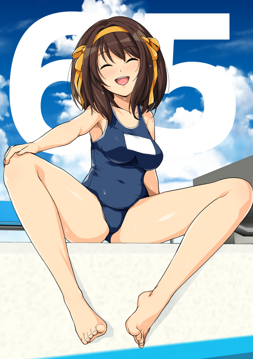 1girl absurdres bangs bare_arms blue_swimsuit breasts brown_hair closed_eyes eyebrows_visible_through_hair hair_ornament hairband haruhisky highres medium_breasts one_eye_closed open_mouth school_uniform shiny shiny_hair smile solo suzumiya_haruhi suzumiya_haruhi_no_yuuutsu swimsuit