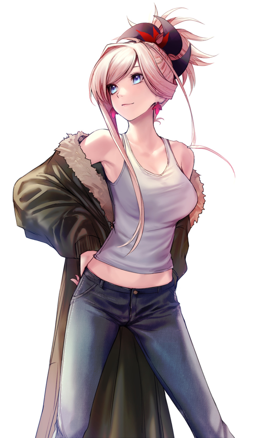 1girl applekun bangs blue_eyes blue_pants breasts casual closed_mouth coat collarbone denim earrings fate/grand_order fate_(series) grey_tank_top hand_on_hip highres jewelry large_breasts long_hair looking_up midriff miyamoto_musashi_(fate/grand_order) open_clothes open_coat pants silver_hair simple_background solo standing stomach swept_bangs tank_top tied_hair white_background