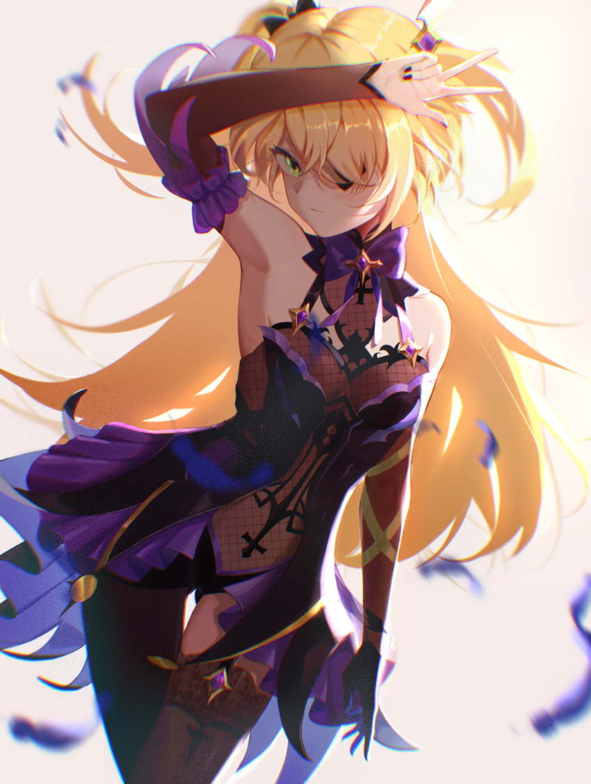 1girl bangs bare_shoulders black_legwear blonde_hair bow breasts commentary_request dr4v3n dress eyepatch feathers fischl_(genshin_impact) garter_straps genshin_impact gloves green_eyes hair_over_one_eye hair_ribbon highres long_hair looking_at_viewer medium_breasts ribbon simple_background single_glove single_thighhigh small_breasts solo thigh-highs two_side_up white_background