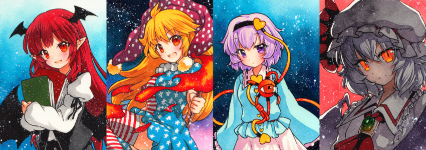 4girls :/ :d american_flag_dress armband ascot backlighting bat_wings black_skirt black_vest blonde_hair blue_background blue_hair blue_shirt blush book book_hug bow brooch clownpiece collared_shirt commentary_request cowboy_shot disconnected_mouth dress_shirt expressionless eyebrows_visible_through_hair eyelashes fire frills glowing glowing_eyes hair_between_eyes hairband hat hat_bow head_tilt head_wings heart holding holding_book holding_torch jester_cap jewelry juliet_sleeves koakuma komeiji_satori light_particles long_hair long_sleeves looking_at_viewer low_wings mob_cap multiple_girls open_mouth pointy_ears pom_pom_(clothes) puffy_sleeves purple_hair qqqrinkappp red_background red_eyes red_neckwear redhead remilia_scarlet shirt short_hair sidelocks simple_background skirt skirt_set slit_pupils smile striped striped_legwear thigh-highs third_eye torch touhou traditional_media v-shaped_eyebrows very_long_hair vest violet_eyes wide_sleeves wings zettai_ryouiki