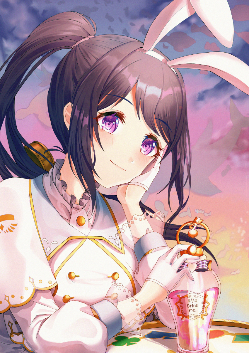 1girl absurdres animal_ears bangs clouds club_(shape) commentary diamond_(shape) drink_me eyebrows_visible_through_hair gloves half_gloves heart highres jacket key kinyouny looking_at_viewer love_live! love_live!_sunshine!! matsuura_kanan outdoors parted_bangs ponytail puffy_sleeves purple_hair rabbit_ears sidelocks smile solo spade_(shape) table twilight upper_body vial violet_eyes white_gloves white_jacket white_rabbit