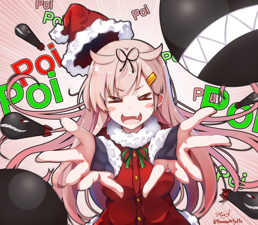 &gt;_&lt; 1girl artist_name baileys_(tranquillity650) black_gloves black_ribbon blonde_hair blush_stickers buttons christmas emphasis_lines fang fingerless_gloves gloves hair_flaps hair_ornament hair_ribbon hairclip hat highres kantai_collection long_hair open_mouth poi remodel_(kantai_collection) ribbon santa_costume santa_hat signature smile solo torpedo twitter_username upper_body yuudachi_(kantai_collection)