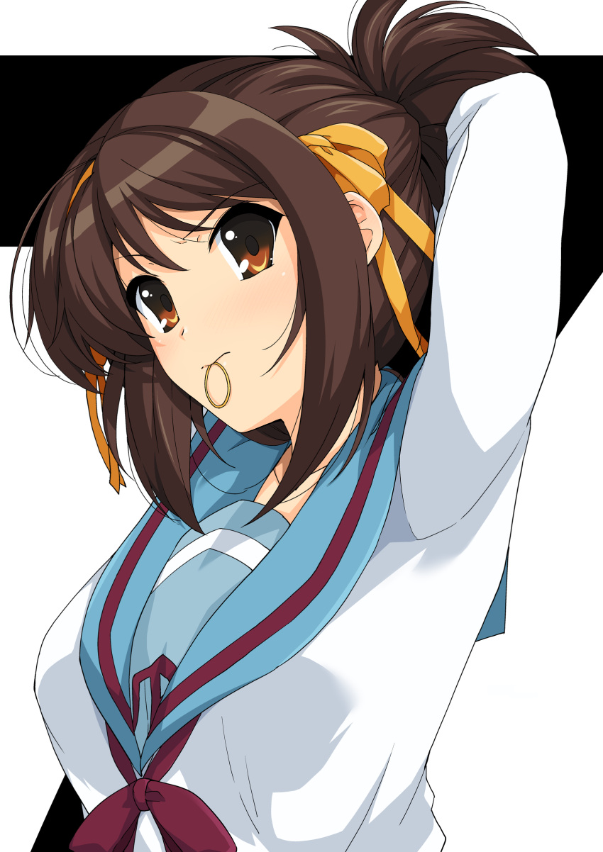 1girl absurdres arms_up bangs brown_eyes brown_hair eyebrows_visible_through_hair hair_ornament hairband haruhisky highres long_sleeves looking_at_viewer mouth_hold school_uniform shiny shiny_hair short_hair simple_background solo suzumiya_haruhi suzumiya_haruhi_no_yuuutsu upper_body yellow_hairband