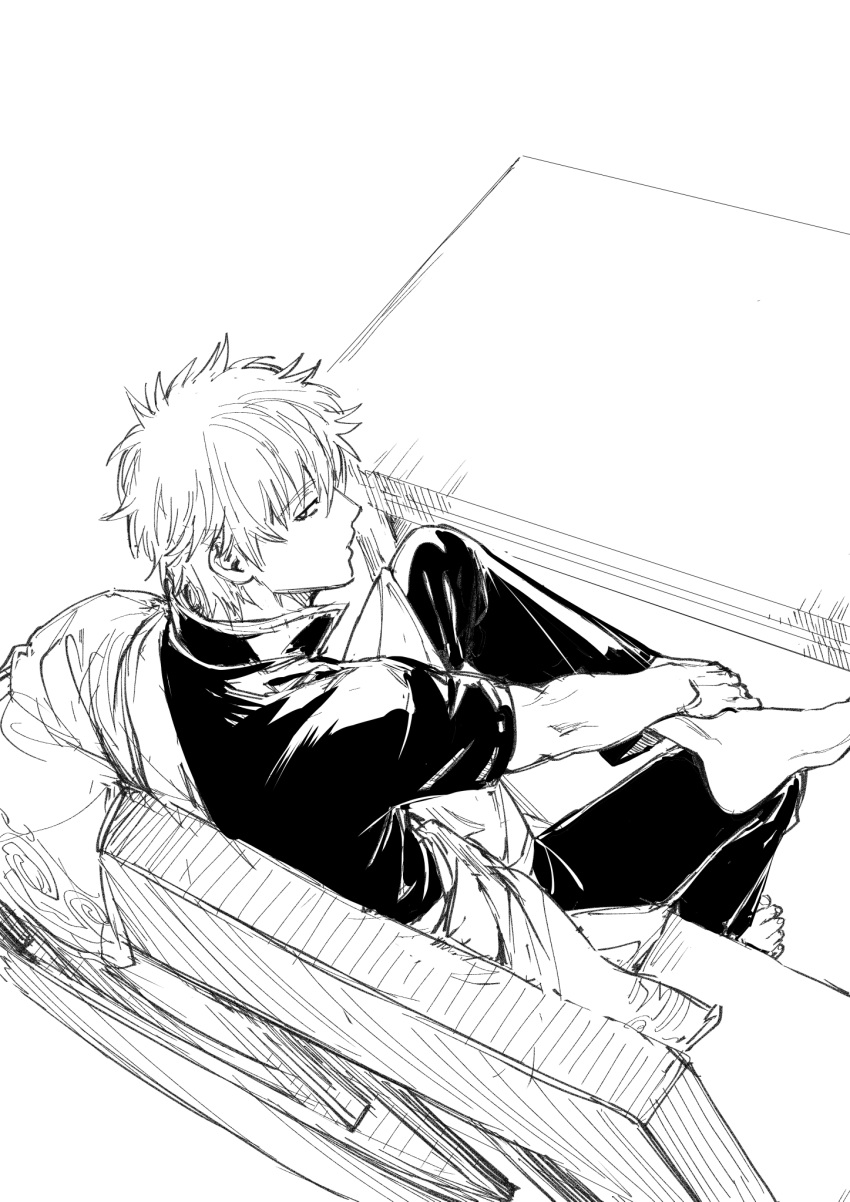 1boy bangs barefoot closed_mouth couch eyebrows_visible_through_hair from_above from_behind gintama hadanugi_dousa highres japanese_clothes kimono looking_at_viewer looking_back male_focus on_couch pants profile sakata_gintoki shirt short_sleeves simple_background sitting soles solo table uraki_(tetsu420) white_background