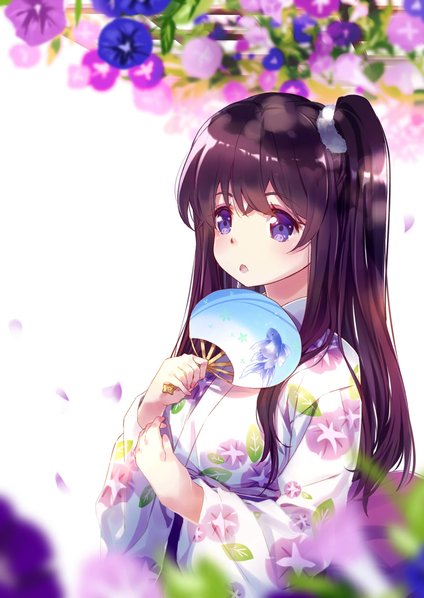 1girl 54hao :o bangs blue_flower blurry blurry_background depth_of_field eyebrows_visible_through_hair fan floral_print flower hair_between_eyes hands_up highres holding holding_fan japanese_clothes kimono long_hair long_sleeves looking_away nail_polish obi one_side_up original paper_fan parted_lips petals pink_flower pink_nails print_kimono purple_flower purple_hair sash solo uchiwa very_long_hair violet_eyes white_background white_kimono wide_sleeves yukata