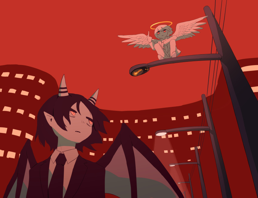 2boys absurdres angel angel_wings avogado6 black_hair black_jacket black_neckwear black_vs_white closed_mouth collared_shirt colored_skin commentary_request demon demon_boy demon_horns demon_wings fang feathered_wings from_below halo highres horns jacket jitome lamppost looking_down looking_up male_focus middle_finger multiple_boys necktie original outdoors pants red_eyes red_sky shirt shoes sky slit_pupils squatting white_footwear white_pants white_shirt white_skin white_wings wing_collar wings