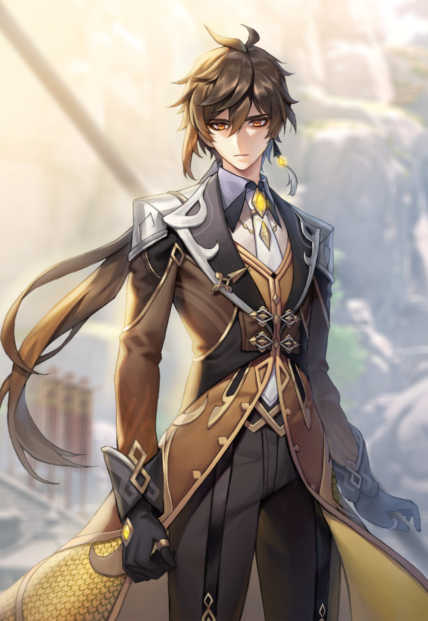 1boy bangs black_gloves black_hair blurry blurry_background brown_hair closed_mouth collar eyebrows_visible_through_hair formal genshin_impact gloves glowing hair_between_eyes highres jacket jewelry long_hair long_sleeves looking_at_viewer male_focus multicolored_hair osuti polearm ponytail ring single_earring solo spear suit weapon yellow_eyes zhongli_(genshin_impact)
