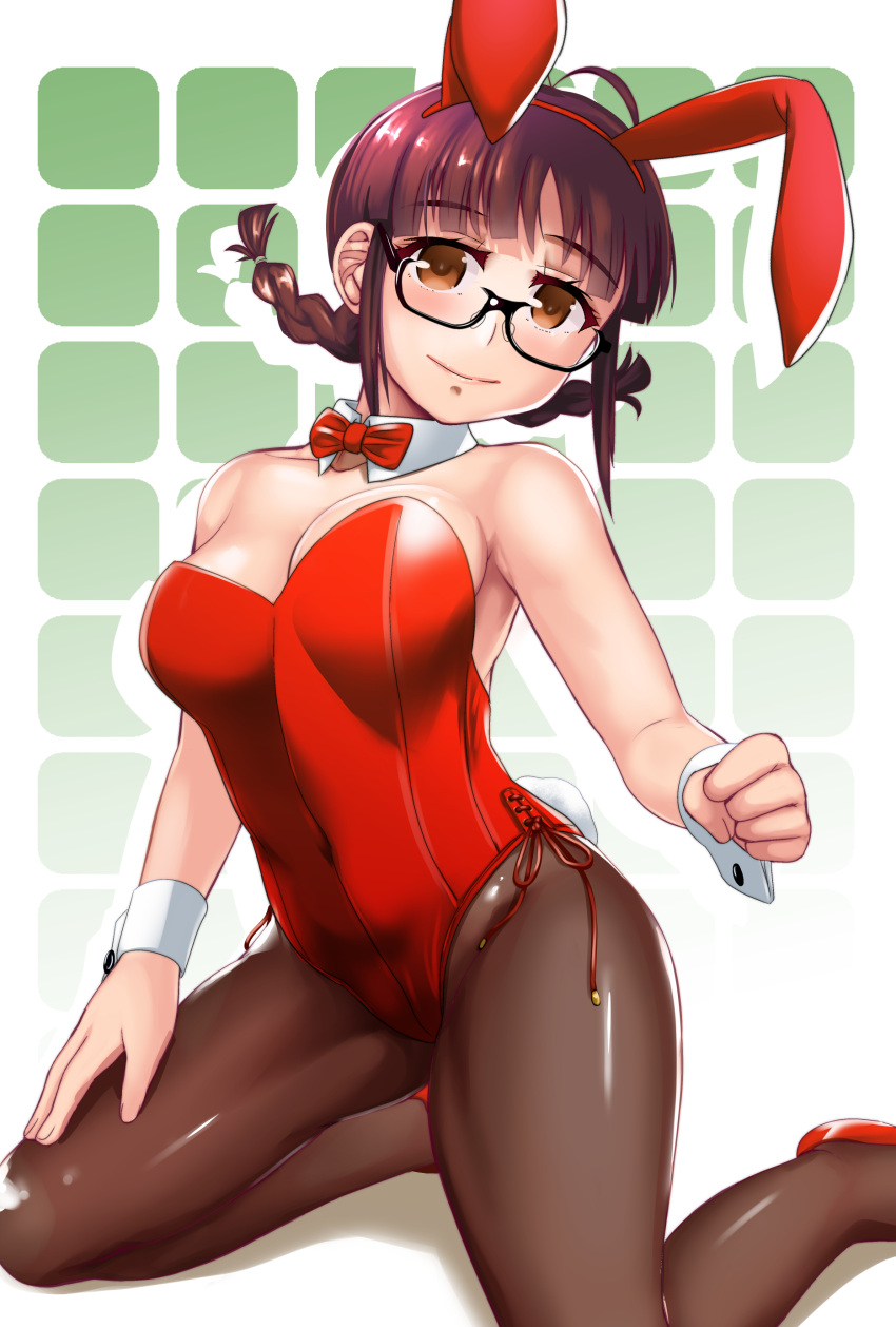 1girl absurdres akizuki_ritsuko animal_ears antenna_hair bangs black-framed_eyewear black_legwear bow bowtie braid breasts brown_eyes brown_hair bunny_tail clenched_hand closed_mouth collar covered_navel detached_collar eyebrows_visible_through_hair fake_animal_ears fake_tail full_body glasses gradient gradient_background grid_background hair_tie hand_on_own_thigh head_tilt high_heels highres idolmaster idolmaster_(classic) idolmaster_1 kneeling legs leotard looking_at_viewer medium_breasts medium_hair pantyhose playboy_bunny rabbit_ears red_bow red_footwear red_leotard red_neckwear semi-rimless_eyewear shadow side-tie_leotard smile solo strapless strapless_leotard tail twin_braids twintails under-rim_eyewear white_background white_collar wing_collar wrist_cuffs yellow_quokka