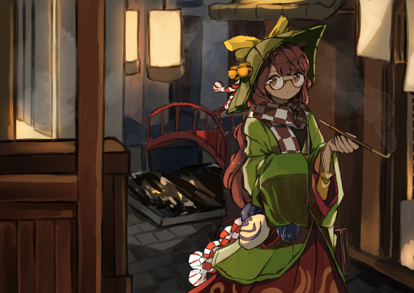 1girl absurdres bangs bell bow brown_eyes brown_hair coat dress futatsuiwa_mamizou glasses green_coat highres long_hair looking_at_viewer neruzou parted_lips pipe red_dress round_eyewear scarf smoking solo touhou yellow_bow