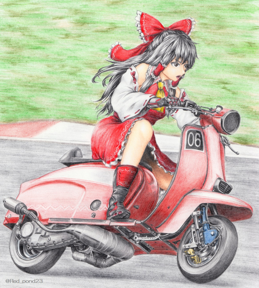 1girl alternate_footwear black_eyes black_footwear black_gloves black_hair boots colored_pencil_(medium) commentary_request cravat day detached_sleeves frilled_skirt frills from_side gloves grass ground_vehicle hair_ribbon hair_tubes hakurei_reimu highres lambretta long_hair looking_to_the_side motor_vehicle number outdoors racetrack red_skirt red_vest ribbon ribbon-trimmed_sleeves ribbon_trim road rpracing scooter skirt solo touhou traditional_media twitter_username very_long_hair vest yellow_neckwear