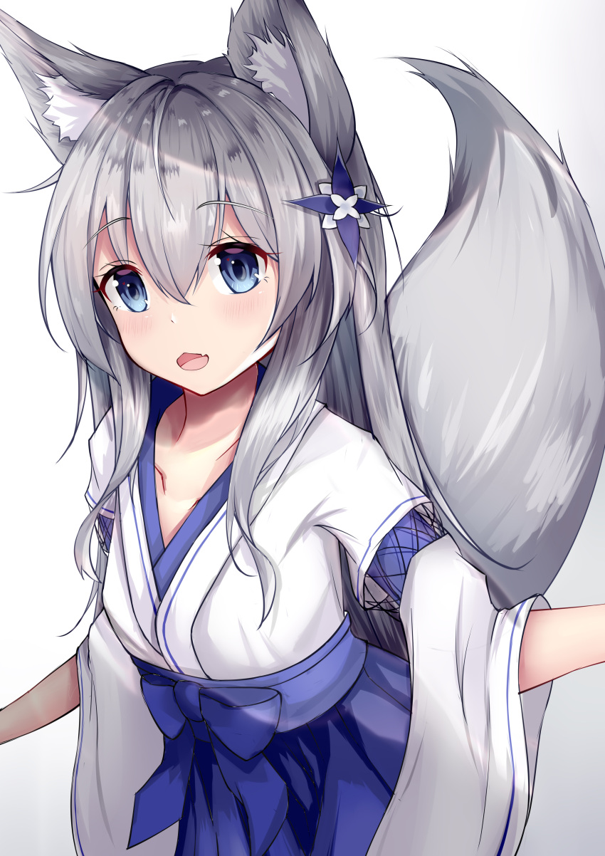 1girl absurdres animal_ear_fluff animal_ears azur_lane bangs blue_bow blue_eyes blue_hakama bow commentary_request eyebrows_visible_through_hair fang fox_ears fox_girl fox_tail gradient gradient_background grey_background grey_hair hair_between_eyes hair_ornament hakama highres japanese_clothes kimono long_hair long_sleeves nagato-chan open_mouth shinano_(azur_lane) solo tail tail_raised very_long_hair white_background white_kimono wide_sleeves younger