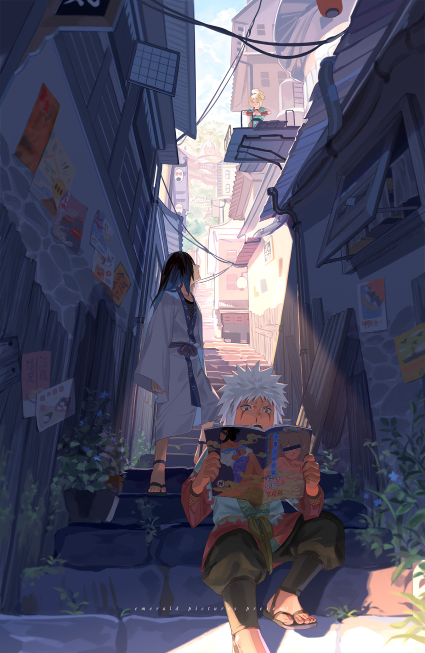1girl 2boys black_eyes black_hair black_pants blonde_hair blood building day facial_mark foot_out_of_frame full_body high_ponytail highres holding holding_magazine holy_pumpkin jacket japanese_clothes jiraiya long_hair long_sleeves looking_at_another magazine multiple_boys naruto naruto_(series) nosebleed open_mouth orochimaru outdoors pants sandals shade short_hair sitting sleeves_past_fingers sleeves_past_wrists spiky_hair stairs standing tsunade white_hair white_jacket white_robe wide_sleeves younger