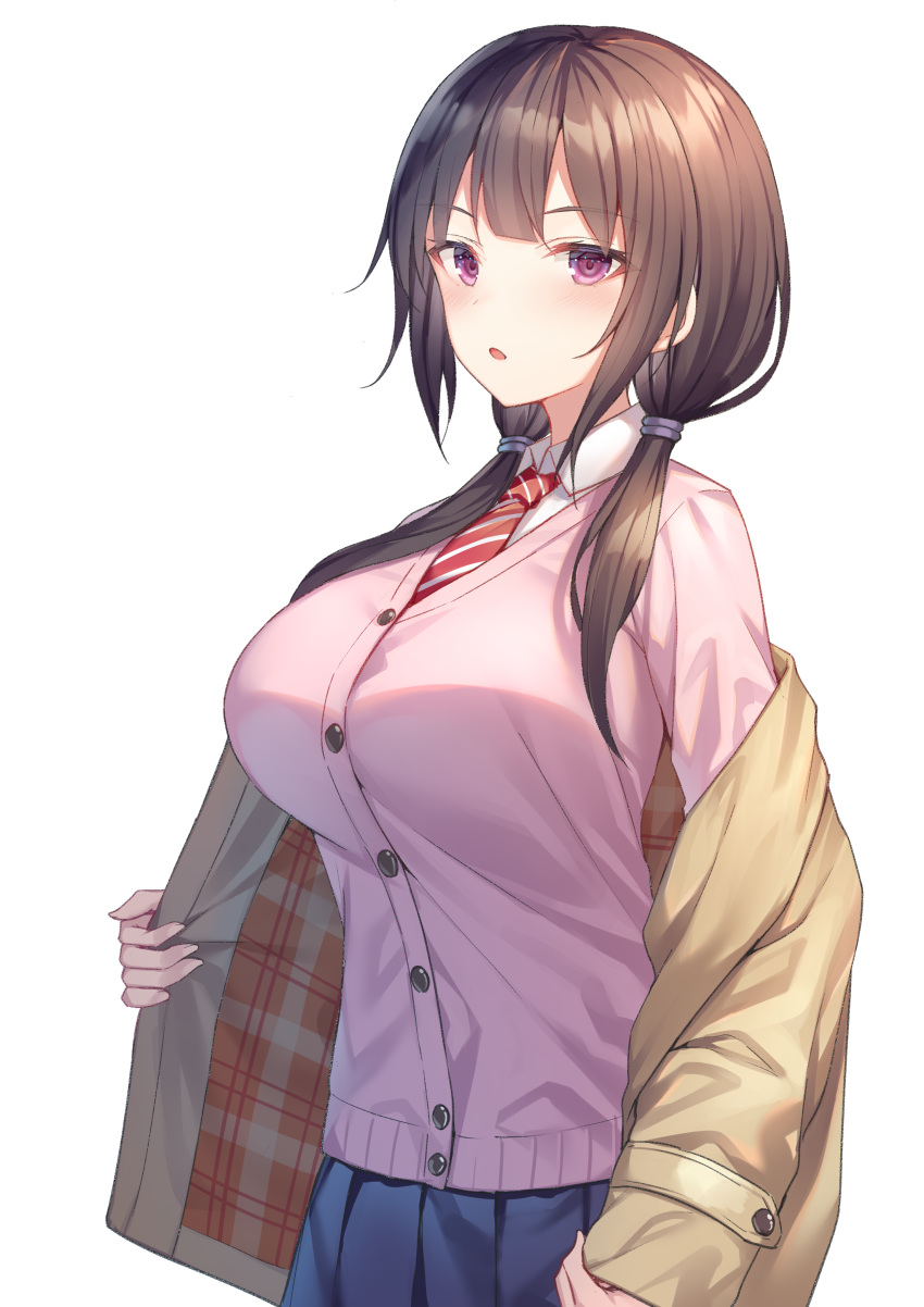 1girl :o absurdres alexmaster black_hair blue_skirt blush breasts brown_coat brown_hair brown_jacket buttons cardigan coat collared_shirt cowboy_shot hair_tie highres jacket large_breasts long_hair long_sleeves looking_at_viewer low_twintails necktie off_shoulder open_clothes open_coat open_jacket open_mouth original parted_lips pink_cardigan pleated_skirt red_neckwear school_uniform shirt simple_background skirt solo striped striped_neckwear twintails undershirt undressing upper_body violet_eyes white_background white_shirt