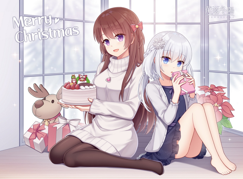 2girls :d :o bangs barefoot black_dress blue_eyes box braid breasts brown_legwear character_request christmas christmas_cake commentary_request dress eyebrows_visible_through_hair flower food frilled_dress frills fruit gift gift_box hair_between_eyes hair_ornament hands_up hitsuki_rei holding holding_gift holding_plate indoors jacket knees_up long_hair long_sleeves looking_at_viewer medium_breasts merry_christmas multiple_girls no_shoes on_floor open_clothes open_jacket open_mouth parted_lips plate red_flower short_hair silver_hair sitting smile snowdreams_-lost_in_winter- snowflake_hair_ornament strawberry sweater sweater_dress turtleneck turtleneck_sweater very_long_hair violet_eyes wariza white_jacket white_sweater window wooden_floor