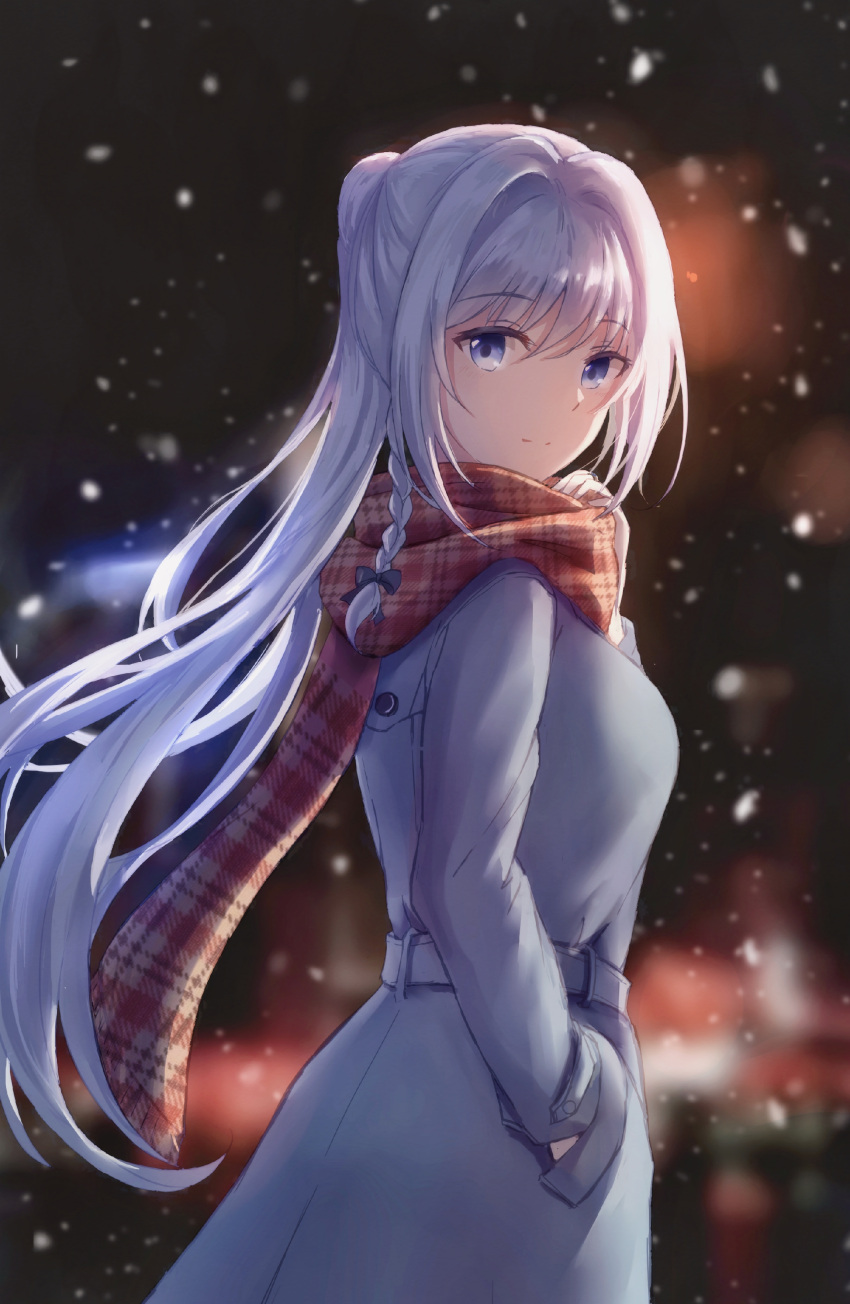 1girl absurdres akira_mizuki_(pixiv60158548) bangs black_bow blue_eyes blurry blurry_background bow braid closed_mouth coat eyebrows_visible_through_hair floating_hair from_side grey_coat hair_between_eyes hair_bow hair_intakes hand_in_pocket highres long_hair long_sleeves looking_at_viewer magia_record:_mahou_shoujo_madoka_magica_gaiden mahou_shoujo_madoka_magica outdoors plaid plaid_scarf ponytail red_scarf scarf silver_hair single_braid smile snowing solo standing very_long_hair winter winter_clothes winter_coat yakumo_mitama