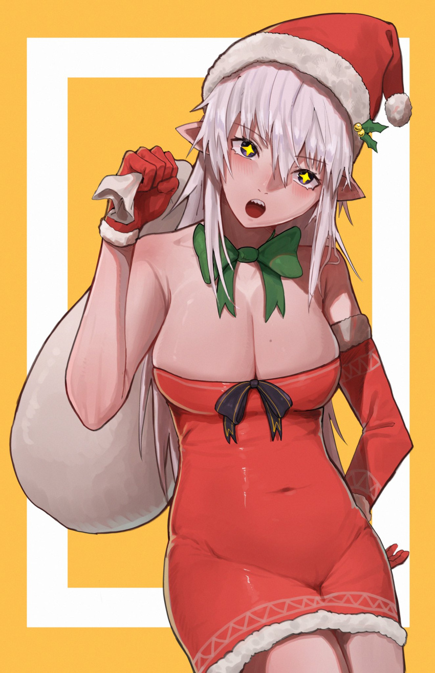 +_+ 1girl blush breasts choker christmas covered_navel detached_sleeves dress elf eungi fur-trimmed_dress fur_trim gloves green_ribbon hat highres large_breasts long_hair mole mole_on_breast no_bra open_mouth original outside_border pointy_ears red_gloves ribbon ribbon_choker sack santa_dress santa_hat sharp_teeth short_dress silver_hair single_detached_sleeve solo teeth yellow_background