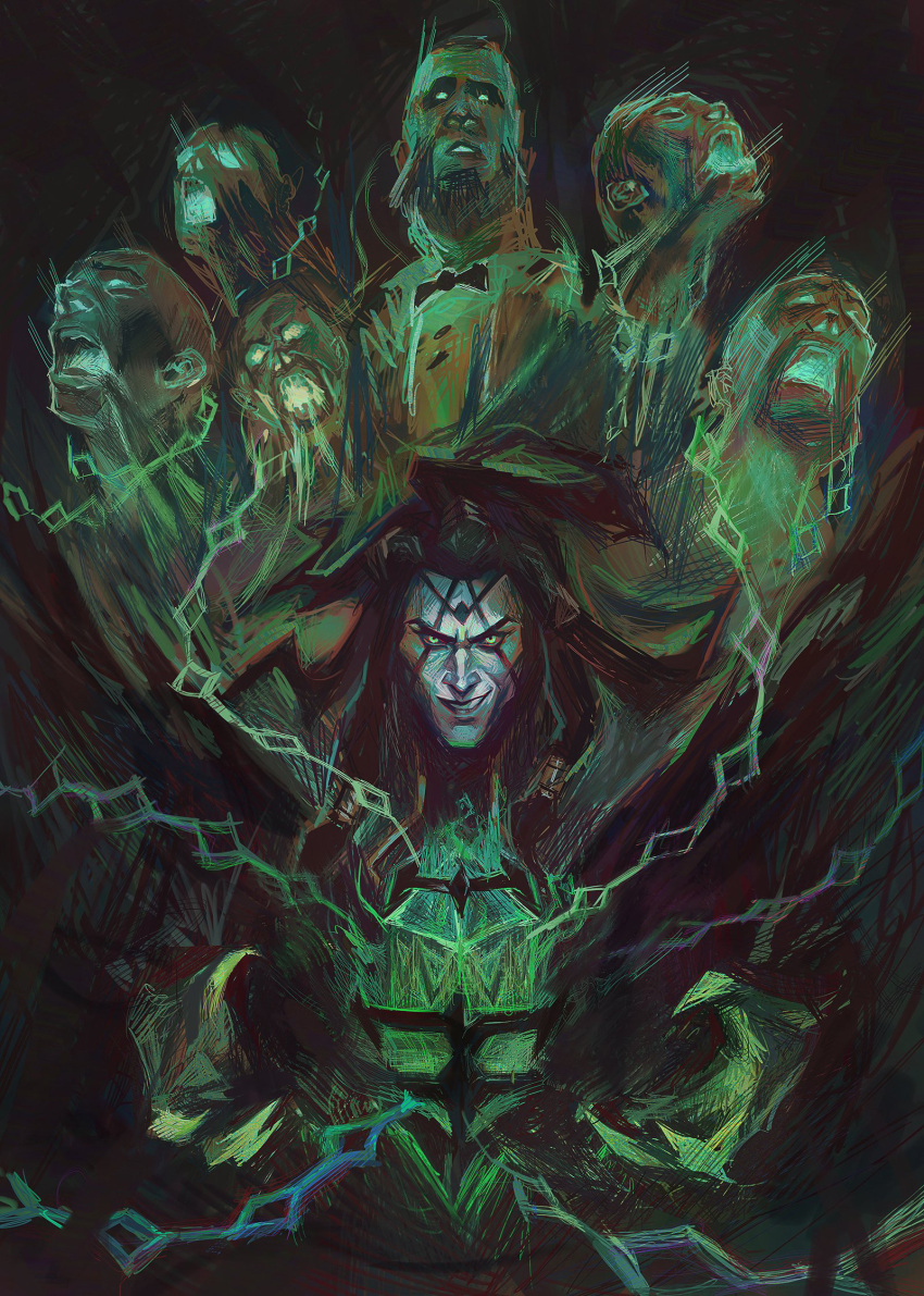 6+boys black_background black_hair bow bowtie chain facial_tattoo ghost glowing green_background green_eyes grin highres lamp league_of_legends long_hair looking_at_viewer multiple_boys smile solo_focus stootato_(crownsforkings) tattoo teeth thresh_(league_of_legends) unbound_thresh upper_body