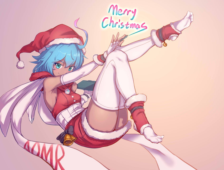 1girl absurdres aomoro bell blue_eyes christmas christmas_ornaments detached_sleeves feet feet_up fur_trim green_eyes hat highres leg_up medium_hair merry_christmas original red_headwear sack santa_costume santa_dress santa_hat scarf socks white_legwear