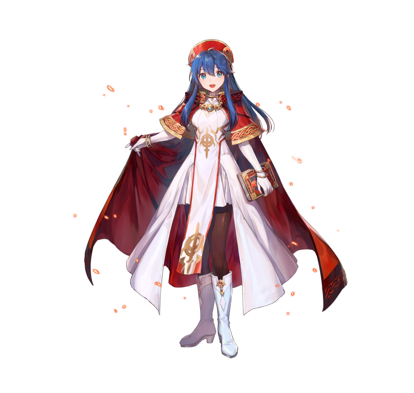 1girl absurdres alternate_costume azutarou bangs blue_eyes blue_hair book boota boots bracelet breasts cape commentary_request elbow_gloves fire_emblem fire_emblem:_the_binding_blade fire_emblem_heroes full_body gloves hat highres holding holding_book jewelry knee_boots lilina_(fire_emblem) long_hair looking_at_viewer medium_breasts official_art open_mouth pantyhose red_cape shiny shiny_clothes shiny_hair simple_background smile solo standing white_background white_footwear white_gloves