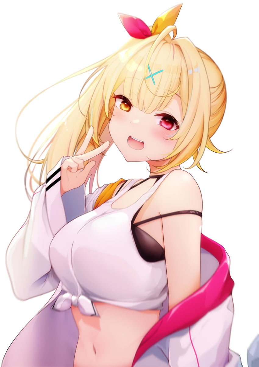 1girl :d absurdres ahoge bangs bare_shoulders blonde_hair blurry blush breasts choker crop_top eyebrows_visible_through_hair front-tie_top hair_ornament hair_ribbon hand_up heterochromia highres hoshikawa_sara jacket long_hair long_sleeves looking_at_viewer medium_breasts midriff minato_yu navel nijisanji off_shoulder open_clothes open_jacket open_mouth pink_eyes ribbon shirt side_ponytail simple_background sleeveless sleeveless_shirt smile solo stomach strap_slip thigh-highs track_jacket undershirt upper_body v virtual_youtuber white_background white_jacket white_ribbon white_shirt x_hair_ornament yellow_eyes