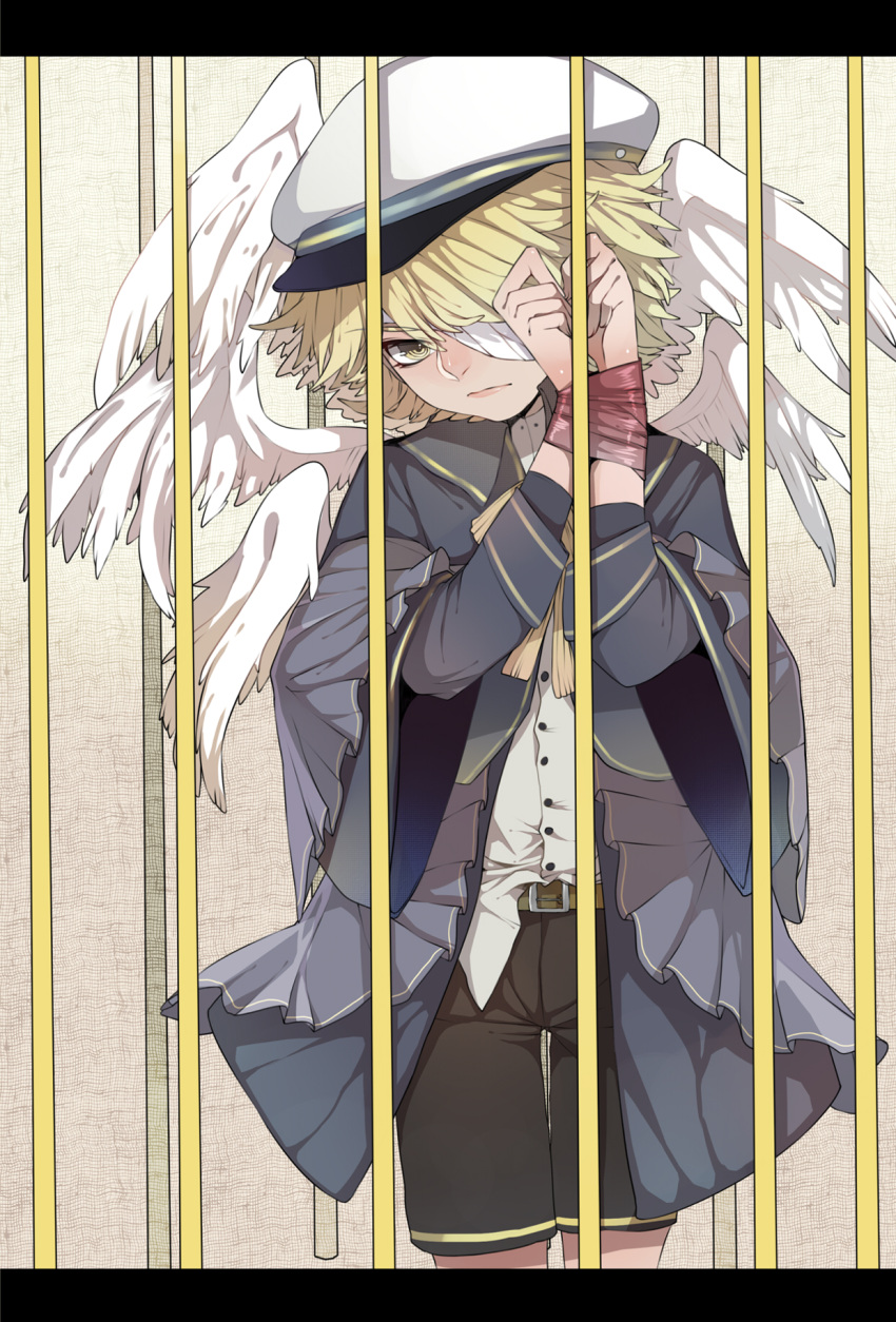 1boy bandage_over_one_eye black_shorts blonde_hair blue_jacket bound bound_wrists cage chinese_commentary cowboy_shot feathered_wings hands_up hat highres in_cage jacket light_frown looking_at_viewer male_focus neikusa oliver_(vocaloid) ringed_eyes sailor_hat shirt shorts vocaloid white_headwear white_shirt wings yellow_eyes