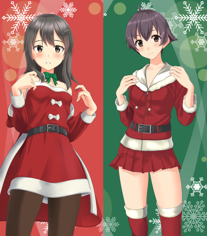 2girls absurdres ahoge belt black_hair black_legwear bow bowtie brown_eyes coat cowboy_shot detached_collar dress fur-trimmed_coat fur-trimmed_dress fur-trimmed_jacket fur-trimmed_legwear fur_trim green_background green_neckwear hair_ornament hairclip highres jacket kantai_collection looking_at_viewer multiple_girls official_alternate_costume oyashio_(kantai_collection) pantyhose parted_lips pleated_skirt red_background red_coat red_dress red_jacket red_legwear red_skirt sakawa_(kantai_collection) short_hair skirt snowflake_background split_theme standing takafumi thigh-highs