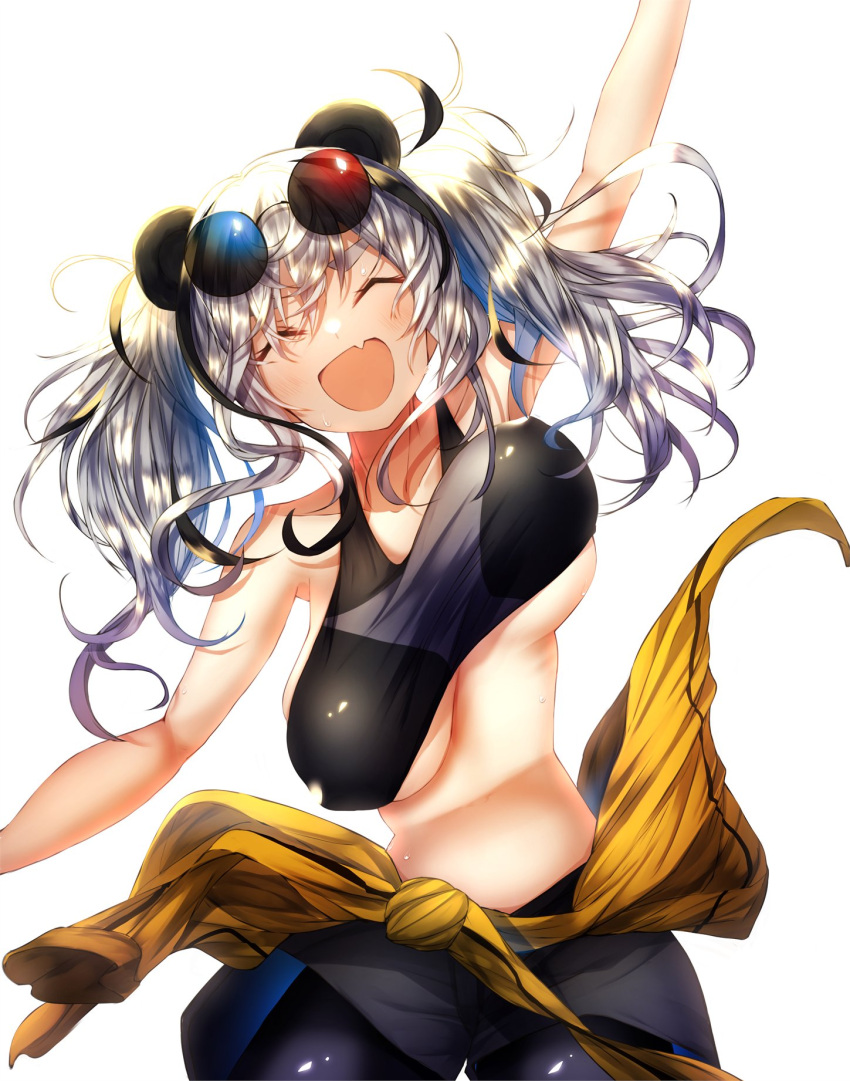 1girl animal_ears arknights arm_up bad_anatomy bangs black_hair black_pants black_shorts black_sports_bra bouncing_breasts breasts closed_eyes clothes_around_waist commission eyewear_on_head fang feater_(arknights) feater_(dojo_star)_(arknights) highres jacket jacket_around_waist jumping large_breasts long_hair midriff multicolored_hair nidaime_(doronbo) official_alternate_costume open_mouth panda_ears pants round_eyewear shorts simple_background skeb_commission skin_fang smile solo sports_bra streaked_hair sunglasses tight tight_pants twintails two-tone_hair white_background white_hair yellow_jacket yoga_pants